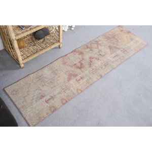 Auténtica alfombra turca Vintage 1,5X5,4 pies Beige Rosa patrón geométrico látex de lana para sala de estar pasillo forma rectangular - Product Image 2