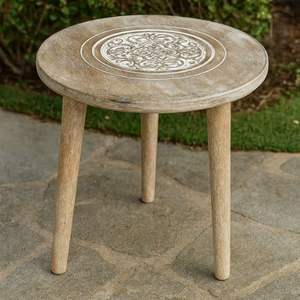 Taburete de Madera Tallada, Plegable, Diseño Artesanal, Acabado Antiguo, Mesa Auxiliar, Florero para Decoración del Hogar o Apartamento - Product Image 1