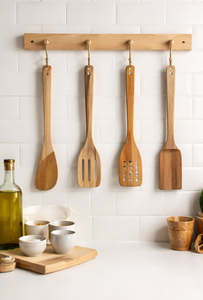 Juego de 4 utensilios de cocina ecológicos de madera de teca larga de 35 cm con mango suave y espátulas de calidad alimentaria - Product Image 3