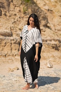 Maxi <b>Dress</b> Beach Kaftan Tye Die Black Soft Cotton Natural Waist Breathable for Women - Product Image 4