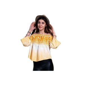 Blusa con hombros descubiertos para mujer con corte especial de lunares amarillos - Product Image 3