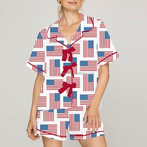 <strong>Patriotic</strong> Independence Day <strong>Short</strong> Sleeve Shirt <strong>Shorts</strong> Two Piece Striped Star Heart Print Pajama Set Women - Product Image 4