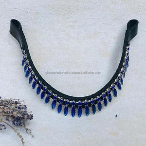 Bande de sourcil de cheval rembourrée en cuir noir à Grain supérieur avec bleu saphir, grande chaîne de pierres en cristal suspendues dans toutes les tailles personnalisées - Product Image 6