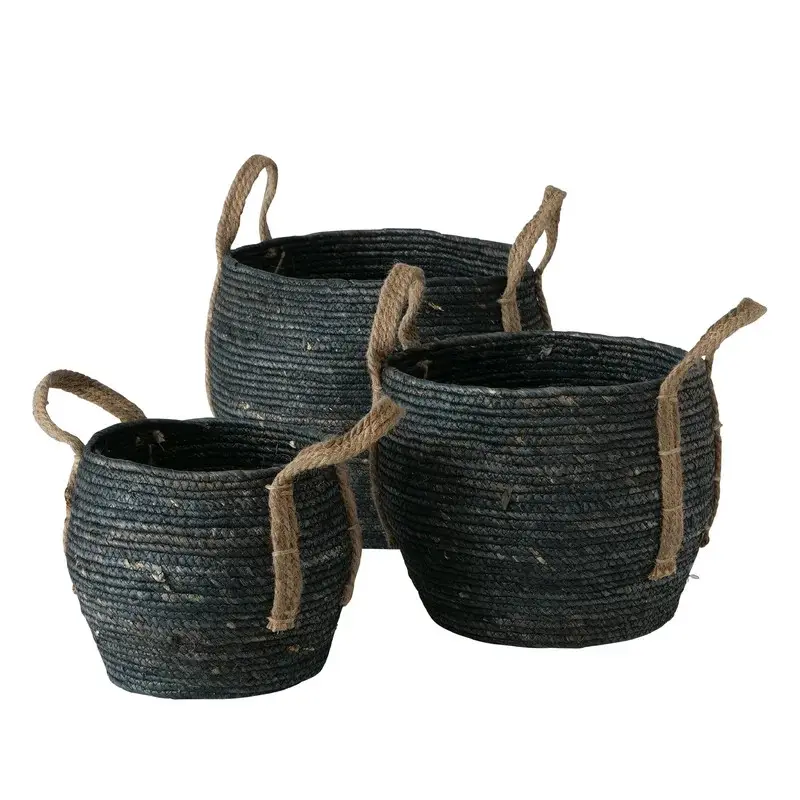 3つの天然海草ネスティングバスケット/黒の収納バスケットのセット装飾的な卸売ベトナムの手工芸品