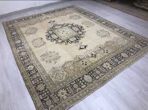 Oushak bleu marine grand tapis turc ottoman 9x12 motif abstrait beige à motifs surdimensionné 9x12 tapis turc - Product Image 3