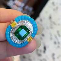 Magnifique bague de style Art Déco en argent sterling avec émeraude Muzo de 4,17 carats, turquoise, émail jaune et zircon blanc, certifiée IGI, pour mariage et soirée