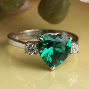 CLARA Boho Style 925 Sterling <b>Silver</b> Dark Green Heart <b>Ring</b> for Swiss Zirconia <b>Adjustable</b> Band Rhodium Gift for Women Girls - Product Image 2