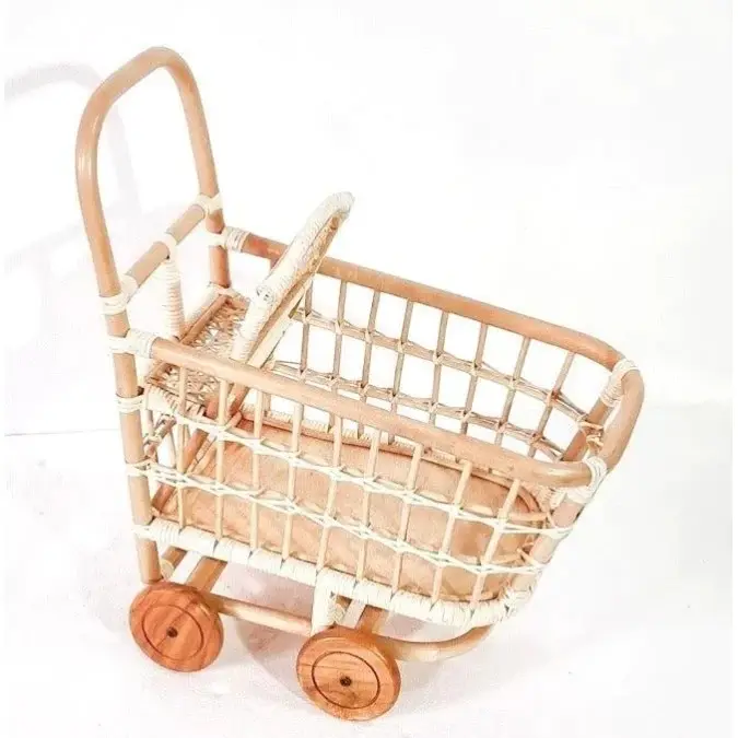 Giocattoli del carrello della spesa del giocattolo del rattan naturale con i carrelli del carrello della spesa del supermercato della ruota e della maniglia per i bambini