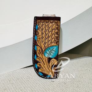 Deslizamiento de cuero hecho a mano personalizado para estuche de clip de cuchillo plegable funda de cuchillo floral turquesa occidental funda de trampero de cinturón superior abierto - Product Image 1