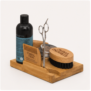 Nuevo Set de Cuidado de Barba en Tendencia: Bandeja de Madera con Cepillo, Peine, Tijeras, Aceite, Bálsamo y Champú - Product Image 3