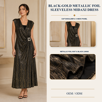 Robe mi-longue sans manches en tricot noir et or métallisé à imprimé feuille d'aluminium, col en V drapé, avec boucle en strass pour femme