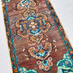 Vintage Rug, Small 1.3x3.3 ft Turkish Rug, <b>Brown</b> Camouflage <b>Wool</b> Rug - Product Image 3