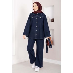 Costume décontracté bleu foncé avec ceinture, veste et pantalon style denim - Product Image 3