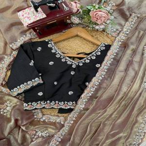 Sari VASTRA COTTAGE Fendy de seda con bordado de hilo, diseño de diseñador, para fiestas, bodas, sari étnico con blusa de seda mono benglori - Product Image 1