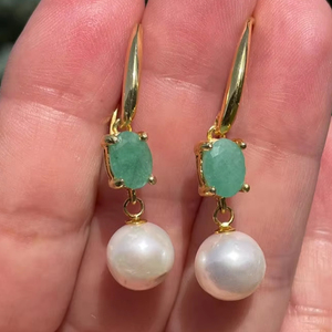 Boucles d'oreilles pendantes en argent sterling 925 plaqué or 18 carats, perle blanche émeraude verte naturelle, cadeau d'anniversaire de mariage - Product Image 1