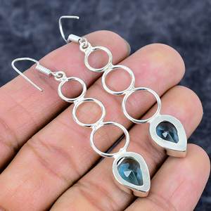 ต่างหู925สเตอริงสีฟ้าบุษราคัมทำด้วยมือพลอยลูกแพร์ทรงยาวชุบเงินสำหรับงานแต่งงานคริสเตียน - Product Image 4