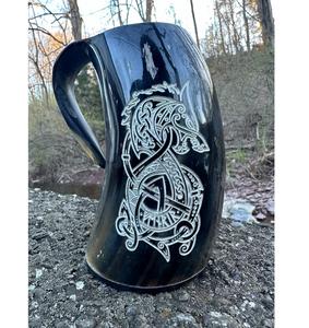 แก้วมักลายวัวฮอร์นทำจากไวกิ้งทำด้วยมือ | ถังเบียร์แตรธรรมชาติ - Product Image 1