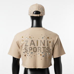 Women High Quality Cotton Jersey Crop Top T Shirt 200 GSM Nude Beige Luxury Rhinestone Heat Press Logo women's shirt - Product Image 2