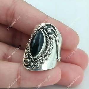 Handmade Boho <b>Statement</b> <b>Ring</b> Black Onyx 925 Sterling Silver Men's Marquise Style Gift for Her - Product Image 3