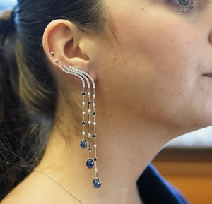 Boucles d'oreilles pendantes en argent sterling 925 plaqué argent, saphir bleu naturel et diamant, pour femmes, bijoux de mode - Product Image 3