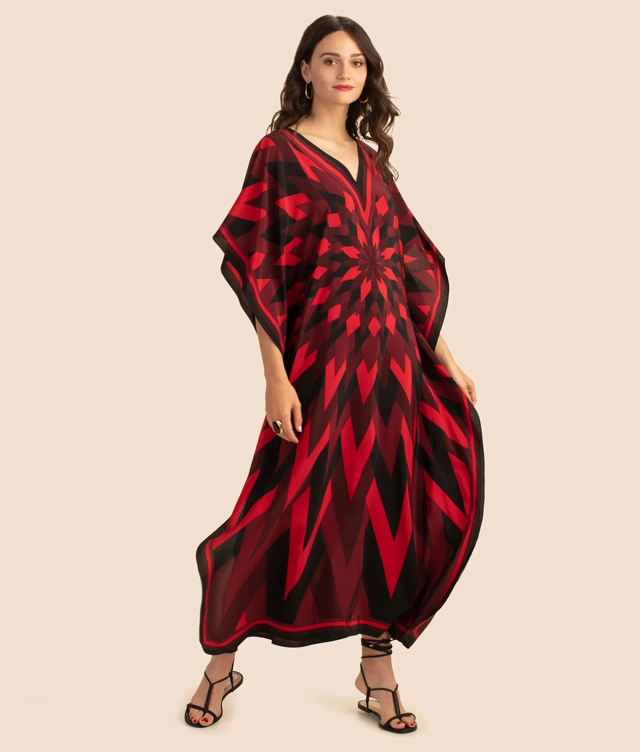 NO MOQ Ruby Red Geometric Printed Modern Beach Fashion Wear Evening Kaftan Caftan Top Dress