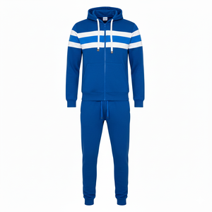 ชุดวอร์มผ้าฟลีซแบบมีฮู้ดและกางเกงจ๊อกเกอร์มีซิปเต็มตัวสำหรับผู้ชายผ้าคอตตอนผสมสีฟ้าลายทางแบบสปอร์ตตัดกัน - Product Image 6