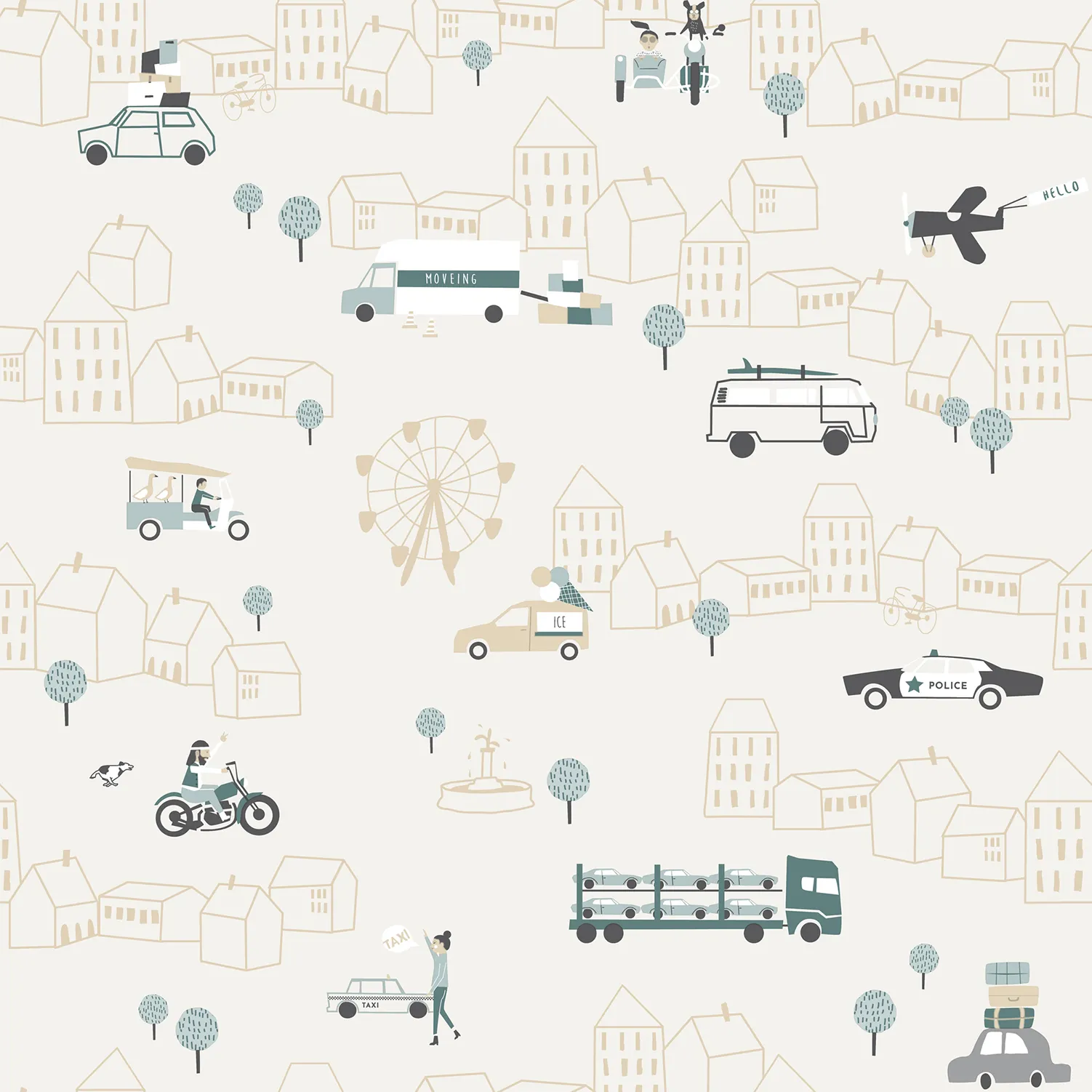 HIGH QUALITY MADE IN SPAIN INFANTILE WALLPAPER ROLL NOA CITY WIH CARS BEIGE