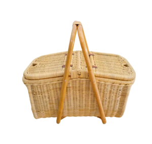 Cesta de pícnic de ratán tejida a mano con asas dobles de madera y tapa con bisagras Cesto de almacenamiento de mimbre vintage grande para picnics al aire libre - Product Image 5