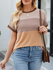 Femmes écologique couleur bloc mode printemps été décontracté lâche T-Shirts à manches courtes col rond hauts tricotés - Product Image 2