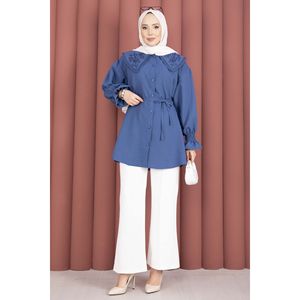 Túnica Indigo para Mujer con Cuello Bordado Floral, Cintura Ajustable con Cordón, Formal, de Popelina, Gasa y Tejido de Punto, Talla XL, Corte Holgado, Largo - Product Image 3