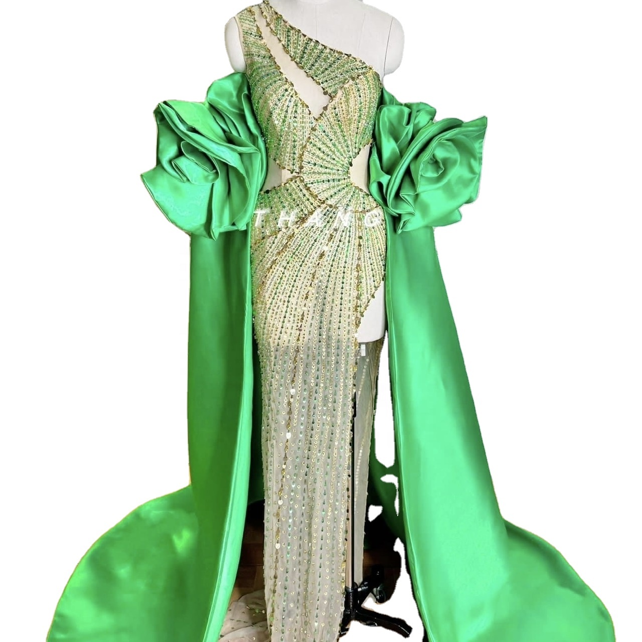 slim fit dress slacks Emerald Green Satin Prom Dress with Corset Bodice and Slit – AS007 –  Viniodress main image 1