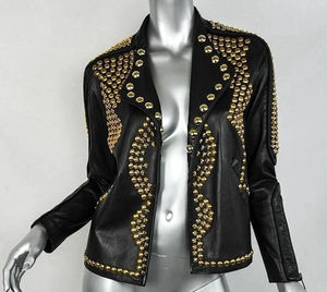 Nueva Oferta, Chaqueta de Cuero para Mujer, Chaqueta de Motociclista de Cuero con Tachuelas y Pedrería, Chaquetas de Cuero Vacuno para Mujer - Product Image 2