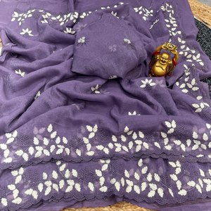 Designer Indian Traditional Soft Silk Saree with Embroidery and Fancy Work Thread Wedding Wear Saree with Beautiful Border - Product Image 1
