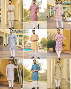 Fourniture en gros de kurta pour hommes à imprimé ethnique avec manches complètes vêtements de festival indiens traditionnels disponibles en vrac - Product Image 3