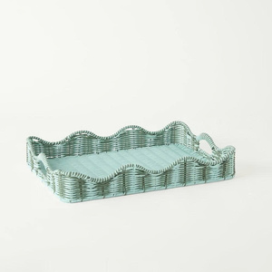 Plateau rectangulaire en rotin fait main de haute qualité, bord ondulé, plateau de service décoratif en osier, Vietnam - Product Image 6