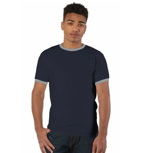 เสื้อยืด2025สำหรับผู้ชายเสื้อยืดผ้าคอตตอนสีขาวตกแต่งด้วย100ตัดขอบสีดำตัดสีตัดกันสำหรับผู้ชาย - Product Image 1