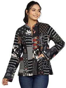Fait à la main unisexe XL manteau d'hiver Patchwork soie Sari veste matelassée avec toile de noël tissu Unique lettre motif Design - Product Image 2
