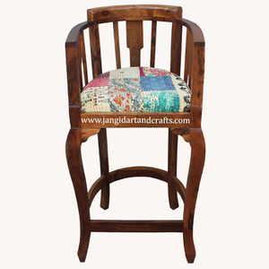 Tabouret de bar en bois avec revêtement en tissu patchwork coloré au design moderne, structure en bois de sheesham massif, respectueux de l'environnement - Product Image 3