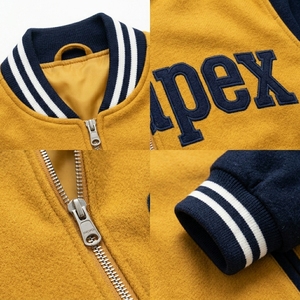 Veste Homme Jaune Moutarde Bleu Marine Personnalisée en Mélange de Laine avec Fermeture Éclair, Col et Poignets en Tricot Côtelé, Logo Brodé, Style Décontracté Streetwear - Product Image 4