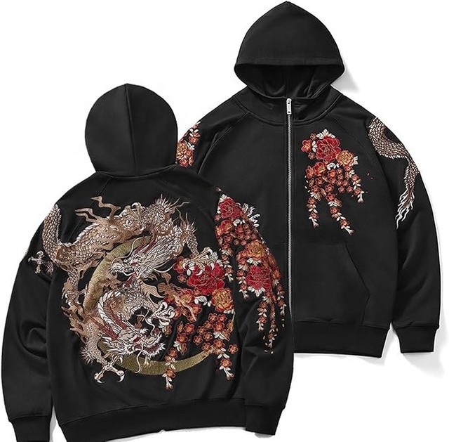 Premium Japanese Streetwear Lined Hoodie Phoenix Embroidery Print Cotton Spandex Blend Eco-Friendly Breathable Mens Anime