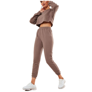 Chándal de invierno personalizado de alta calidad OEM para mujer, conjunto de 2 piezas, Top corto con capucha y pantalones de chándal, chándal en blanco para correr para mujer - Product Image 4