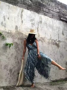 Tie Dye One Piece Backless Jumpsuit for Women High Waist Floral Print Halter V-Neck <b>100</b>% Soft <b>Rayon</b> <b>Fabric</b> Play Suit - Product Image 4