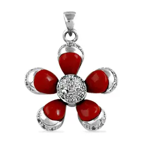 Pendentif en argent 925 avec fleur de corail rouge pour femmes - Bijoux plaqués rhodium, cadeau - Product Image 2
