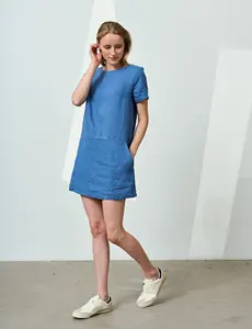 Wholesale Price Boho Mini <b>Dress</b> Cotton Linen with Crew Neck Short Sleeves Solid Pattern Holiday Tunic <b>Dress</b> with <b>Pocket</b> - Product Image 5