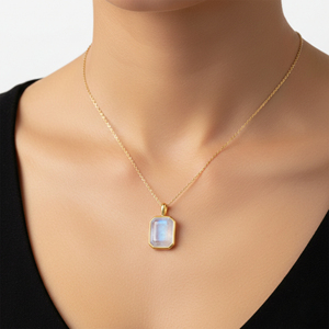 Arc-en-ciel pierre de lune émeraude taille octogone forme lunette en argent sterling plaqué or pendentif mignon avec caution pour juin mois de naissance cadeau - Product Image 5