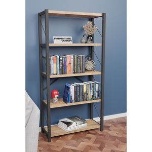 Bibliothèque décorative en métal à 5 étagères en pin atlantique brun avec accents de style classique, largeur 60 cm, profondeur 30 cm - Product Image 4