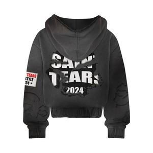 Sweat à capuche brodé sur mesure 100% coton polaire pour hommes en détresse délavé à l'acide avec patch en strass vêtements d'hiver - Product Image 6