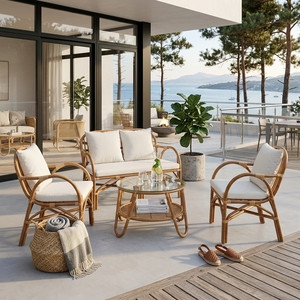 Natural Bentwood <b>Rattan</b> <b>Outdoor</b> Lounge Set 4 Piece Loveseat Armchairs Glass Round Table Cream Cushions Setup Pure Art Design - Product Image 5