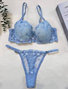 Romantic Floral Embroidered Underwire Bra <b>Set</b> with <b>Push</b>-<b>Up</b> Half Cup <b>Bikini</b> Panties Sexy Women Blue Color Made Turkey Op170 - Product Image 4