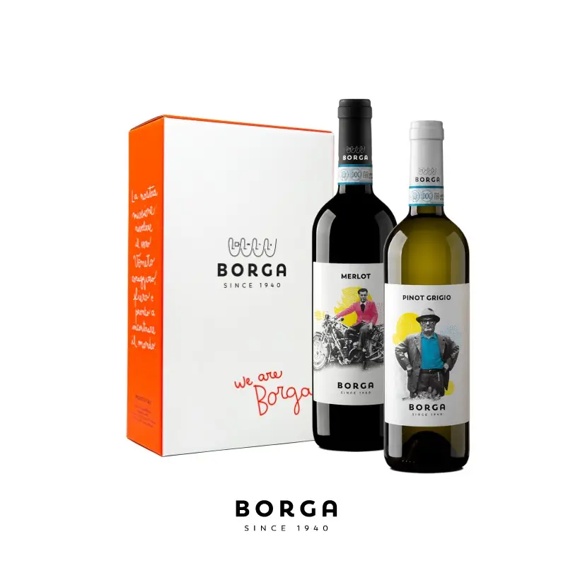 Coffret cadeau fabriqué en italie pour 2 bouteilles MERLOT PINOT GRIGIO BORGA depuis 1940 boîte PREMIUM pour vins italien